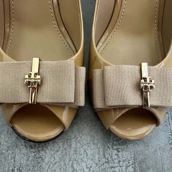 Tory Burch Trudy Peep Toe Patent Leather Wedge Size 7 - Picture 4 of 15